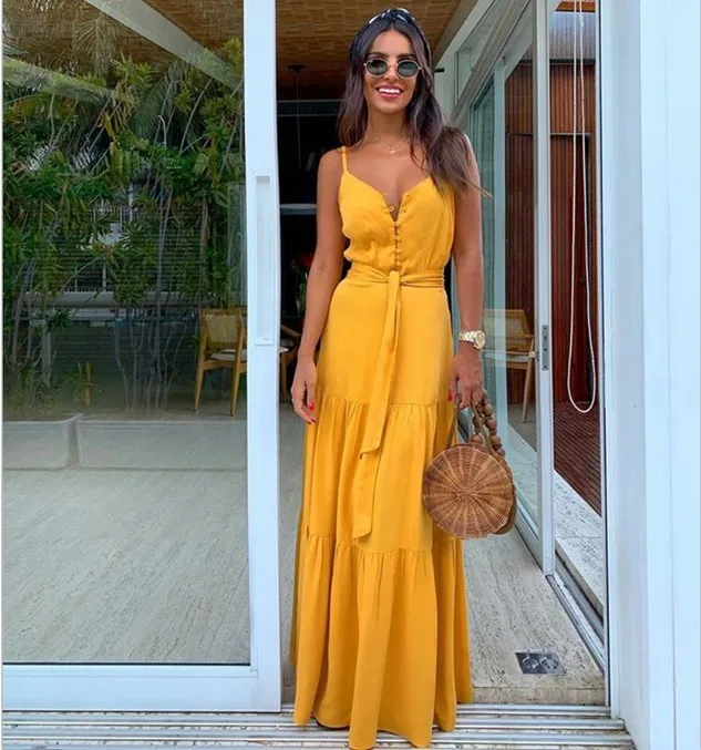 thumbnail image 1 of Vestido de verano para mujer, estilo bohemio, sin mangas, elegante, informal, con tirantes finos y escote en V, para fiesta en la playa, 1 of 5