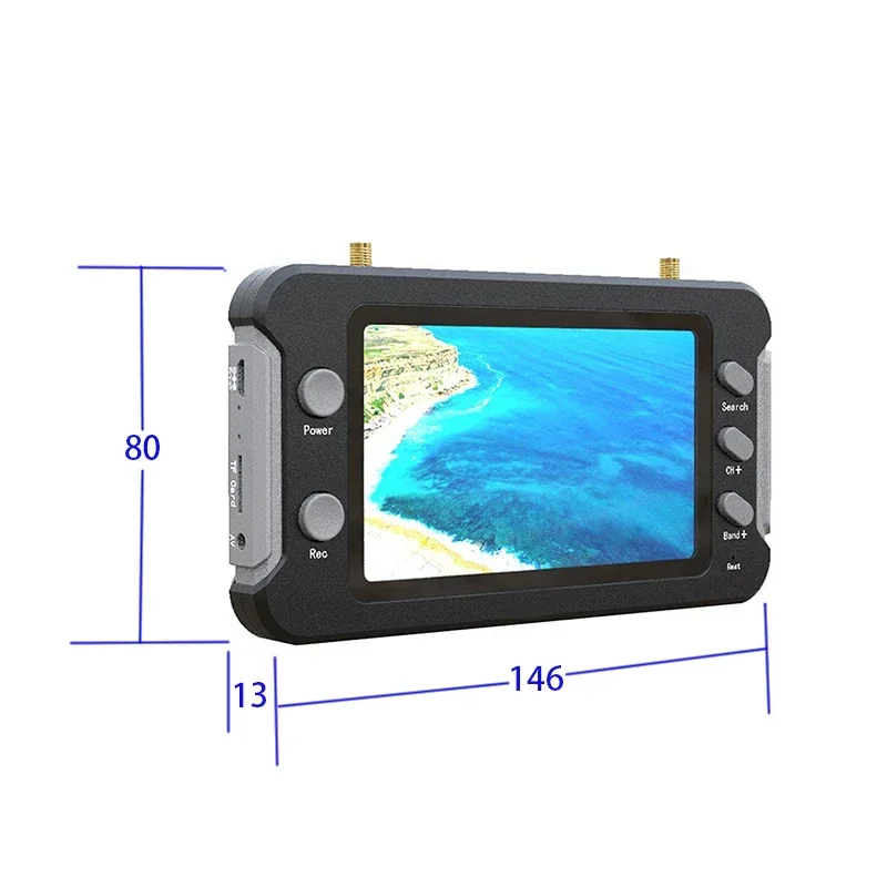 Écran FPV 5.8G 4.3 pouces avec DVR, vue arrière montrant les connecteurs et le support de batterie.