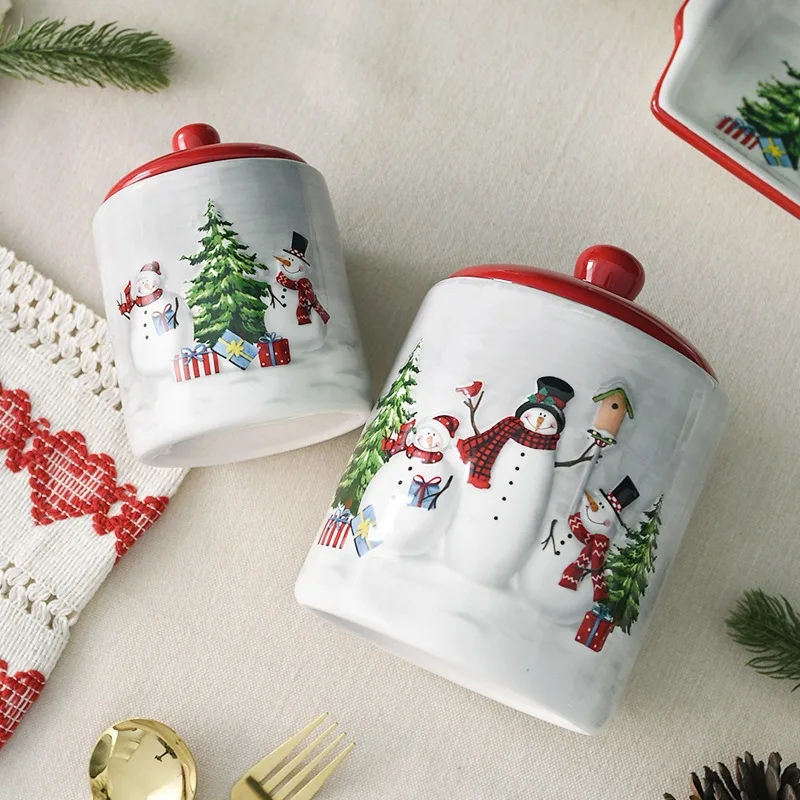 Ceramic Storage Jar 600/1150ml Sealed Nordic Christmas Snowman for Grain Nut Snacks Candy Coffee Bean