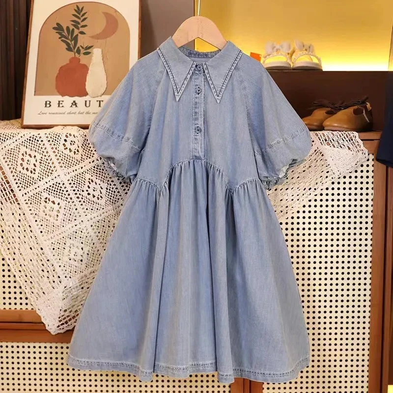 

Summer Kids Soft Thin Denim Dresses for Girls Short Sleeve Shirt Casual Dress Children Clothing Toddler Girls Outfits fits 2-11Y