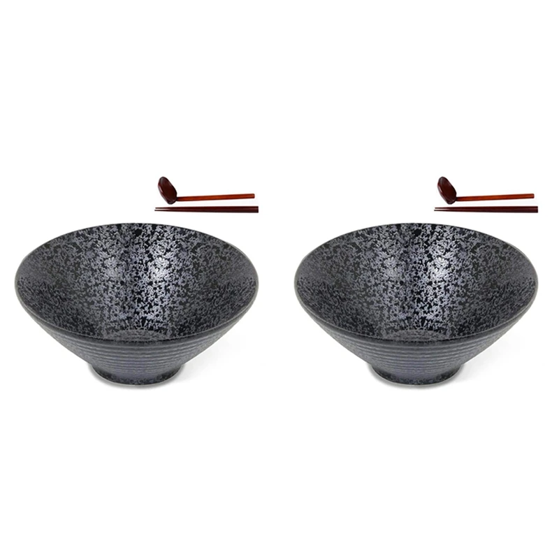 

2X Ceramic Japanese Ramen Soup Bowl With Matching Spoon And Chopsticks, Suitable For Udon, Soba, Large Size