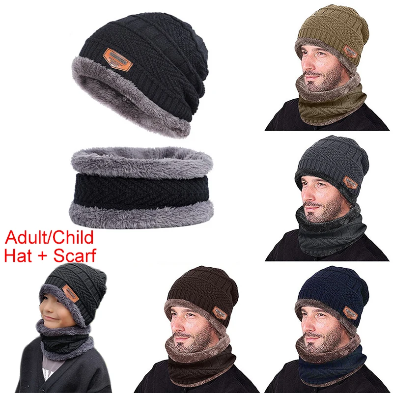 Winter Beanie Hat Men Knitted Hat Winter Cap Beanie Children Thick Wool Neck Scarf Cap Balaclava Mask Bonnet Hats Set
