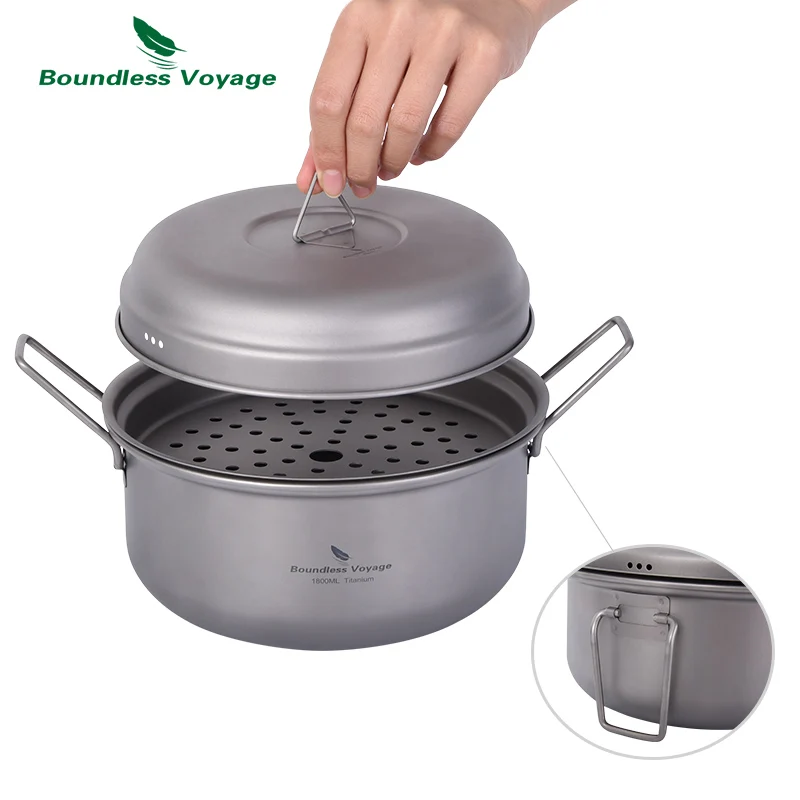 Boundless Voyage 1.8L Titanium Steamer Camping Soup Pot Stockpot with Lid  Outdoor Tea Tray Steaming Rack Hiking Cooking Mess Kit