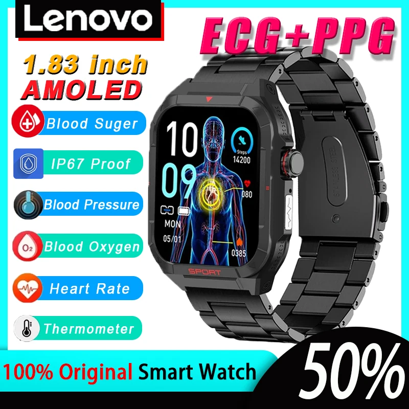 

Lenovo Healthy Blood Glucose Smart Watch Men ECG+PPG Sports Blood Pressure Monitor Body Temperature IP68 Waterproof Smartwatch