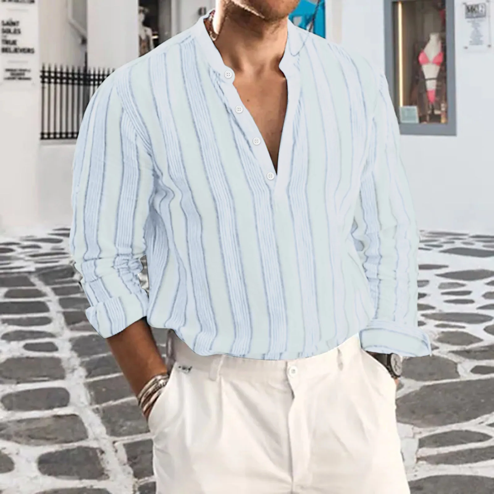 

Summer Stripe Shirt Men Blouse Baggy Long Sleeve Button Hawaiian Imitation Linen Shirt For Men Top Camisa Masculina Streetwear