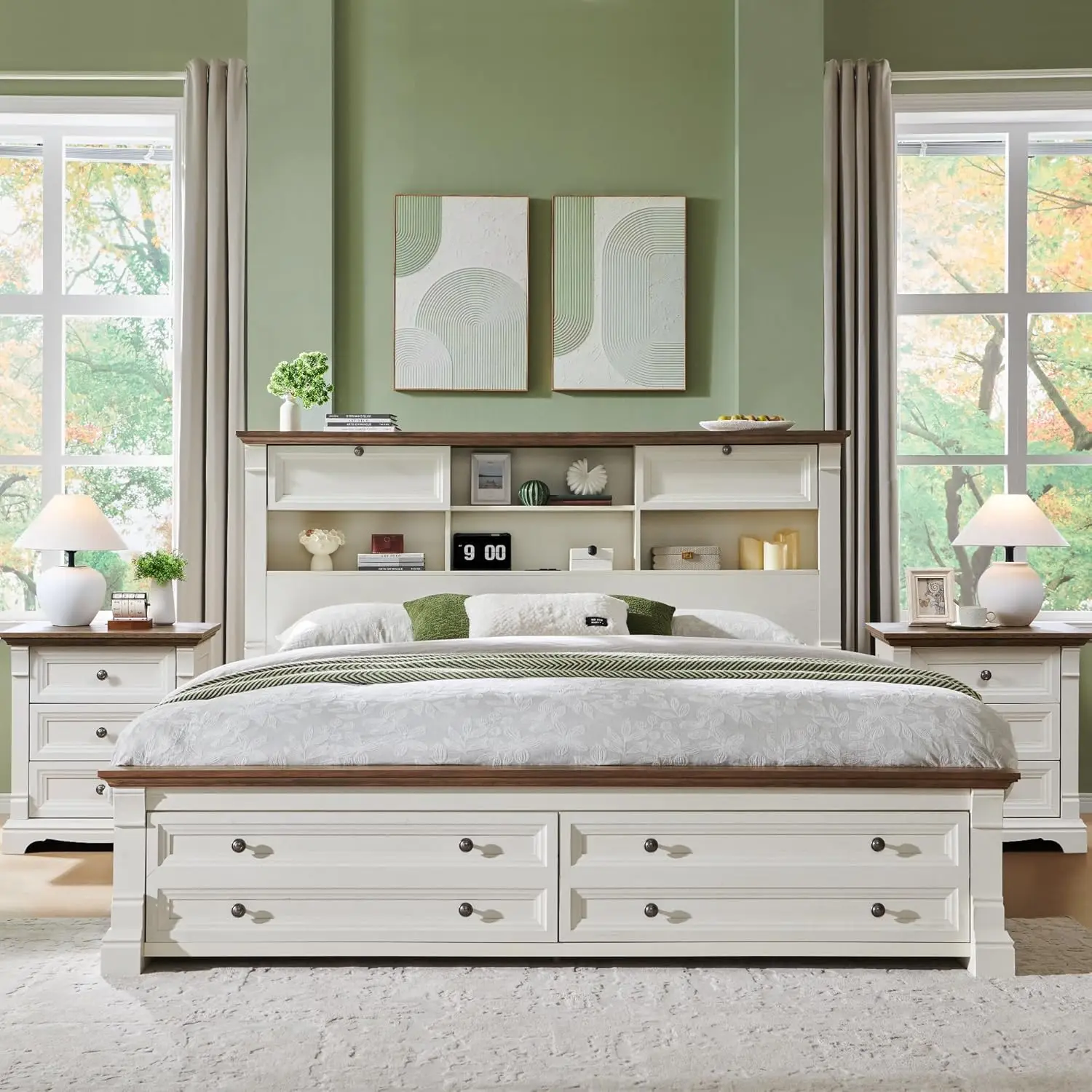 Farmhouse Queen Size Bed Frame with 54" Tall Storage Bookcase Headboard ...
