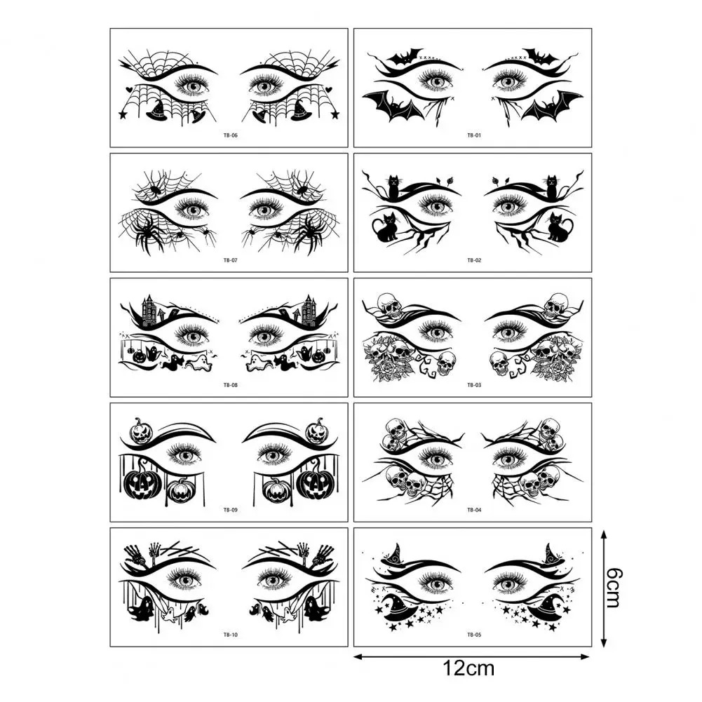 10 Pairs Halloween Makeup Stickers Eye Stickers Face Tattoo Stickers Spider Bat Skull Design Women Girls Masquerade Cosplay Party