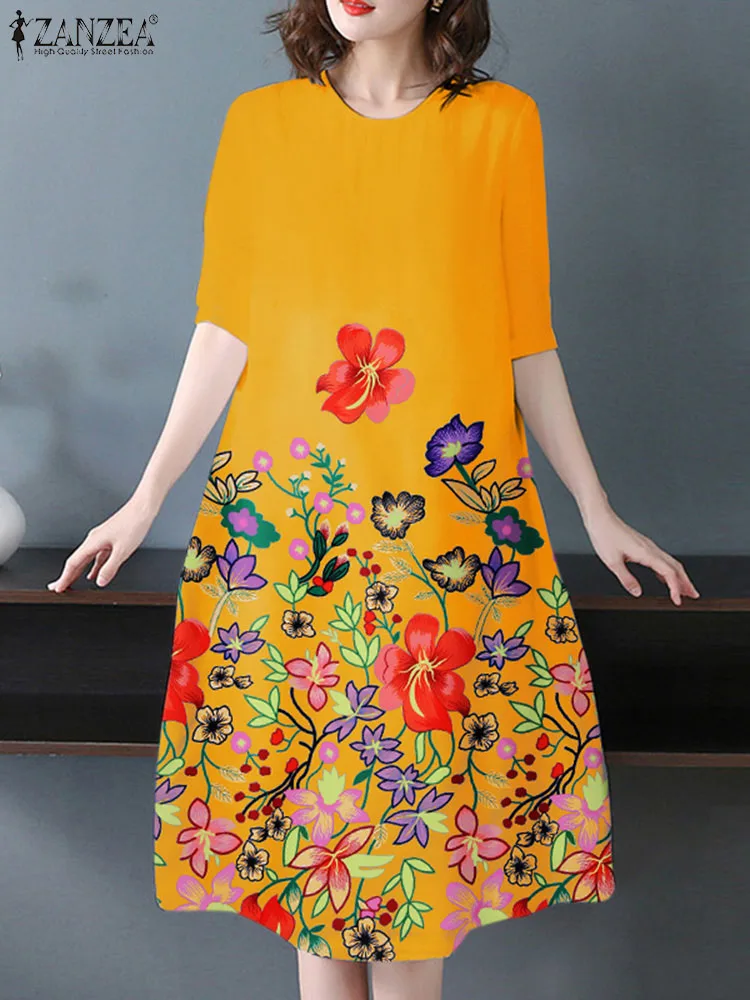 

Винтажное праздничное платье ZANZEA с рукавом до локтя, женское длинное платье с цветочным принтом, весна 2024, халаты с круглым вырезом, повседневные свободные платья миди