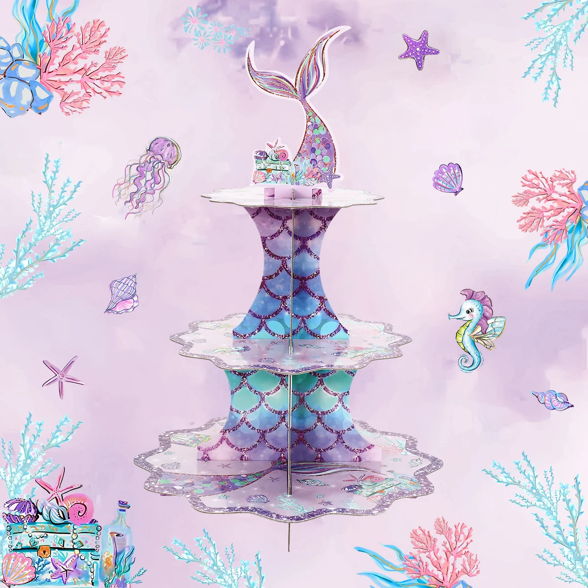 3Tier Mermaid Cake Stand Cupcake Holder Mermaid Birthday Party Decor Little Mermaid Baby Shower Under The Sea Party Supplies