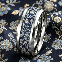 Elegant Bohemian Navy Blue & Gold Floral Stainless Steel Ring - 8 (Silver Color)