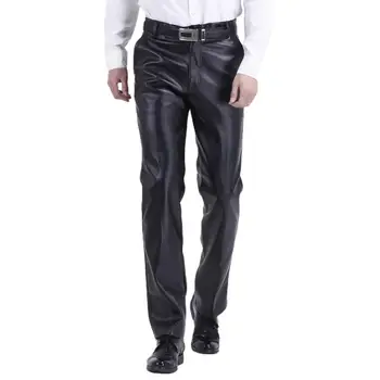 Spring Autumn Men Pants with Pockets Solid Color Faux Leather Pant High Waist Zipper Closure Elastic Fashion Men Trousers 1