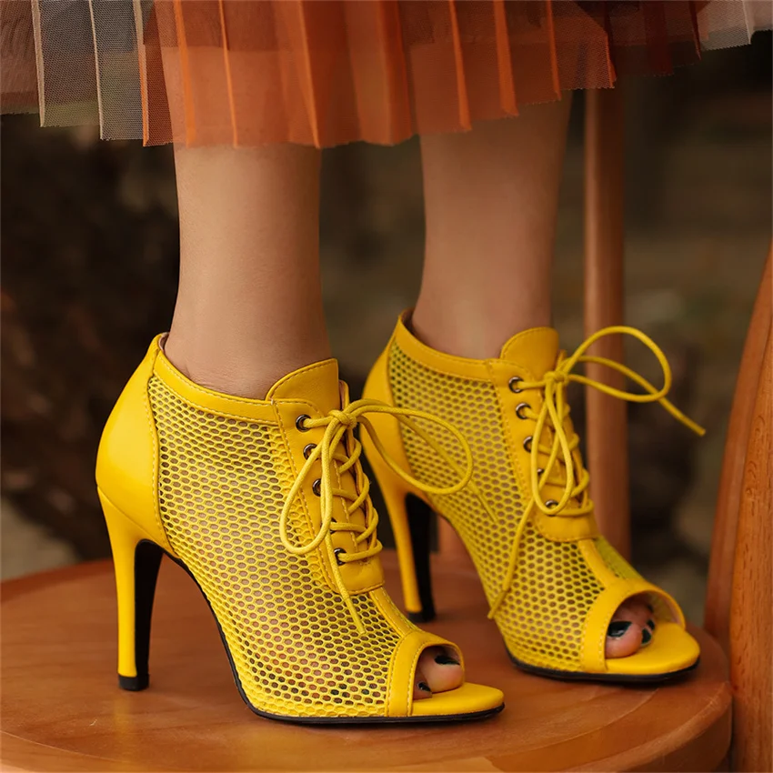 

High Heels Women Sandals 2023 Sexy Peep Toe Air Mesh Fish Toe Shoes Fashion Dance Ankle Boots Elegant Parties 46 Size Lady Shoes