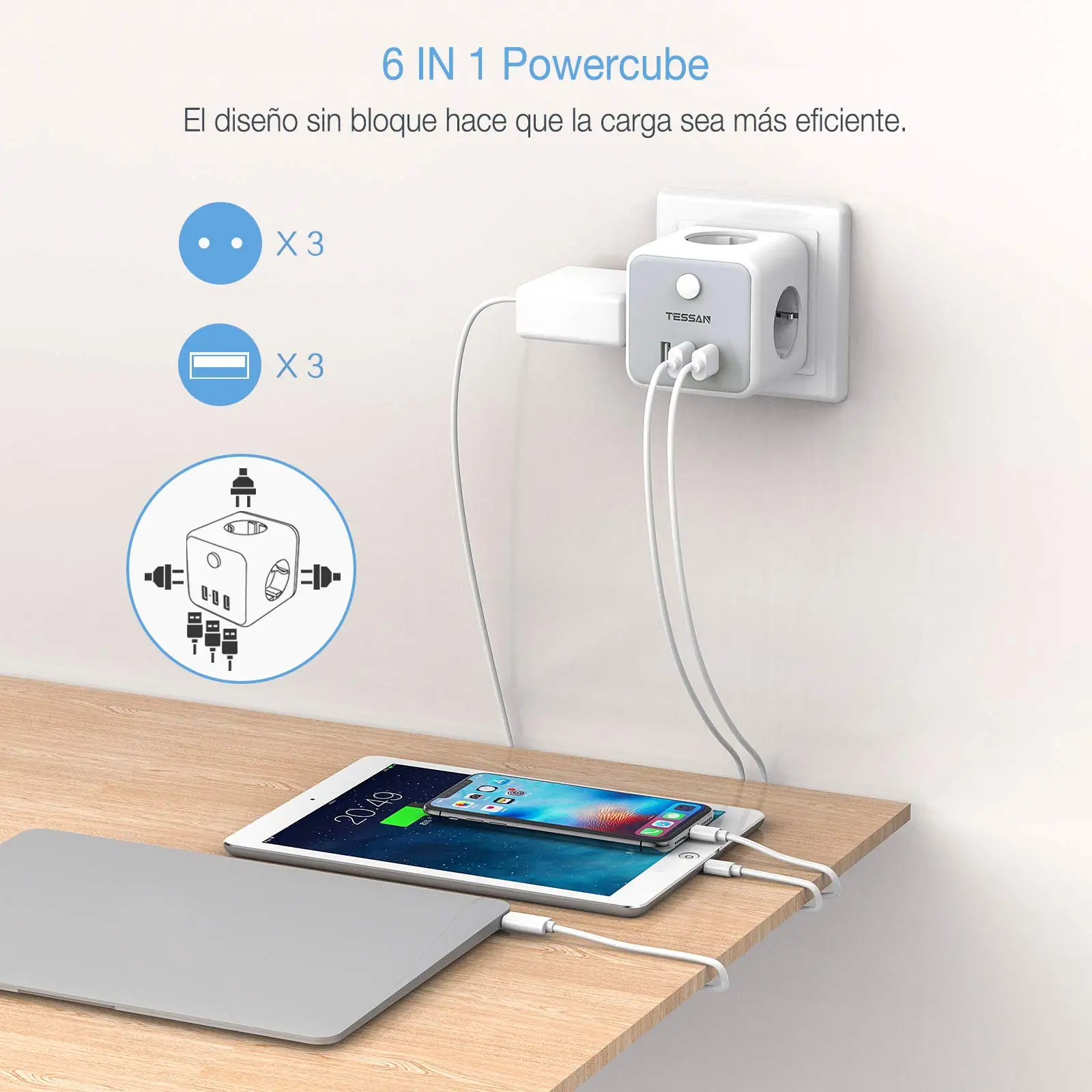 3  AC ܼƮִ TESSAN 6 in 1 EU   3  USB Ʈ /繫  2500W 5V/2.4A    ȣ