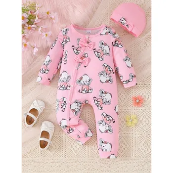 0-24 Months Newborn Baby Girl 2PCS Clothes Set Long Sleeve Elephant Romper+Hat Autumn Fashion Cute Toddler Girl Photograp Outfit 1