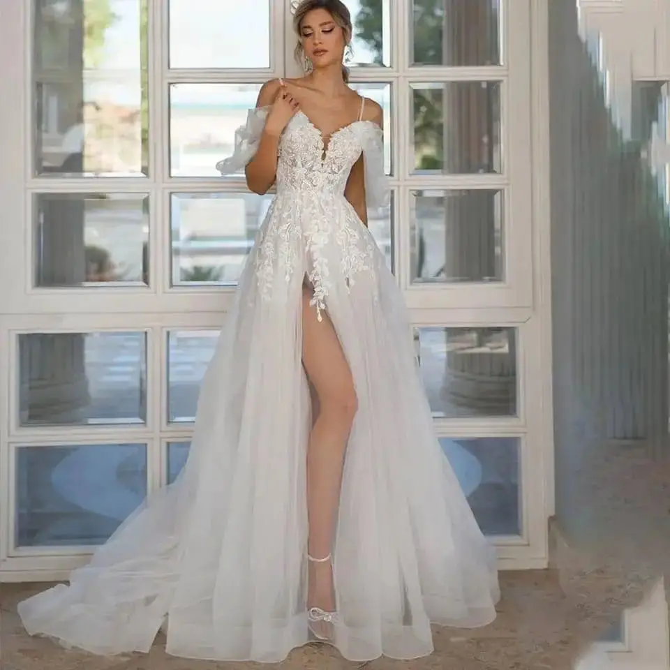 Custom Made Sweetheart Lace Appliques Wedding Dress For Women 2024 Side Slit Bridal Gowns Sweep Train Robe De Mariee