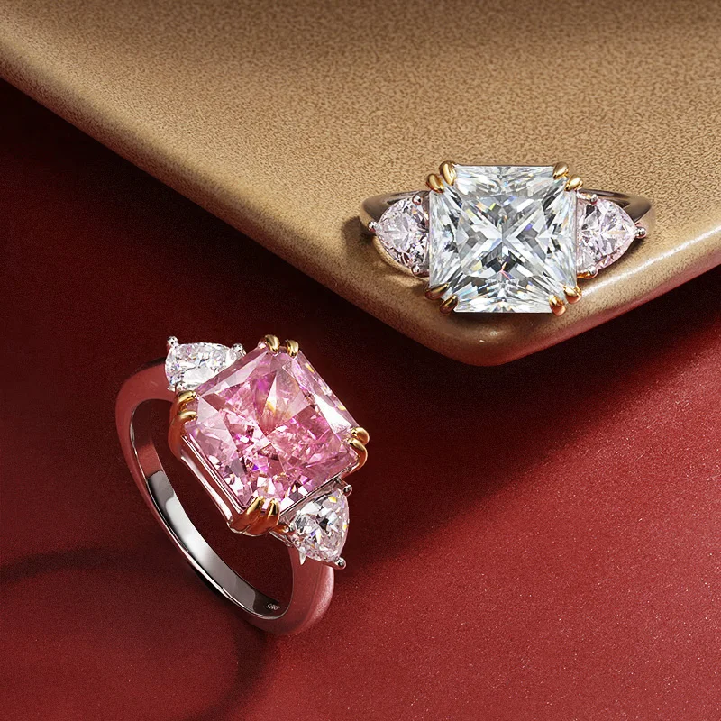 OEVAS 925 Sterling Silver Wedding Ring For Women Luxury 10*10MM Yellow Pink White Zircon Gemstone Rings Silver Ring Wedding Rings
