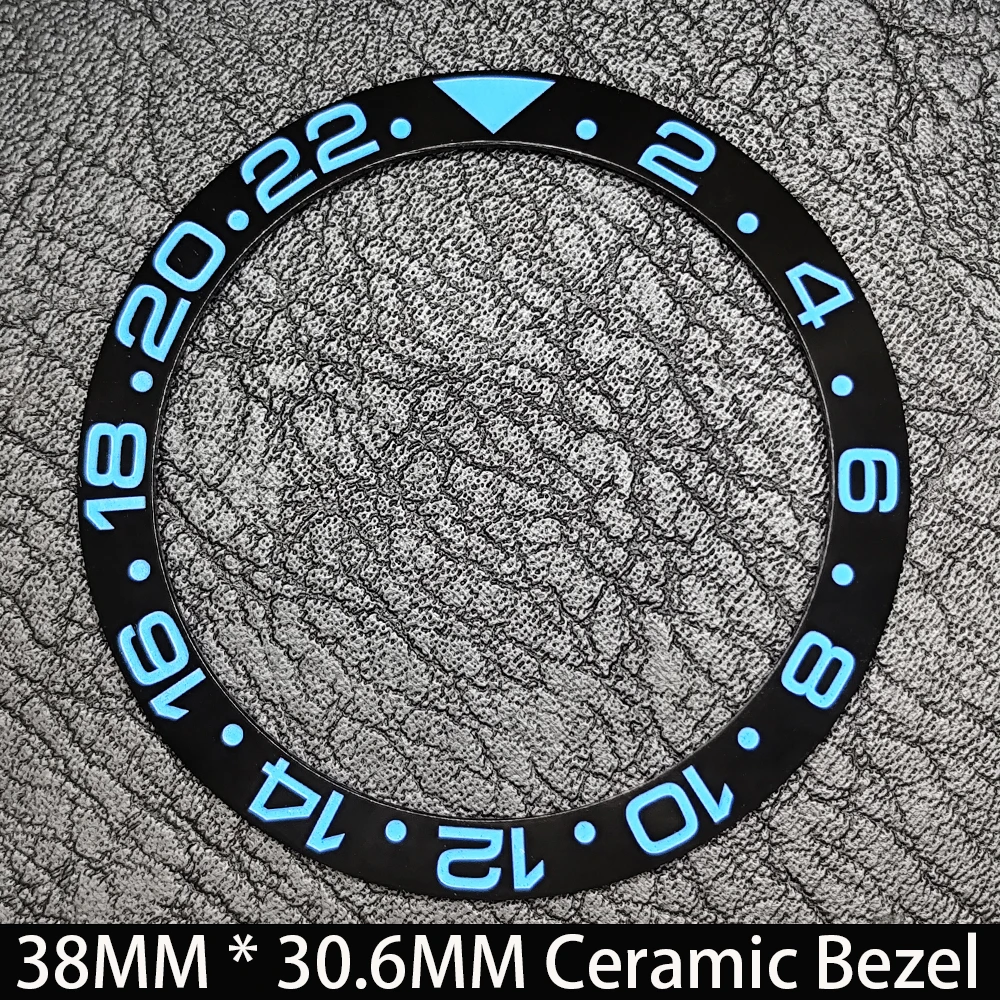 Elegant Blue Luminous Bezel GMT and Diving Watch Insert, Sloping 38mm x 30.6mm Ceramic/Aluminum