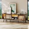 TV Stand for 75Inch TV,63” LED Entertainment Center with Sliding Acylic Doors,Mid Century Modern TV Console with Storage Shelves 1