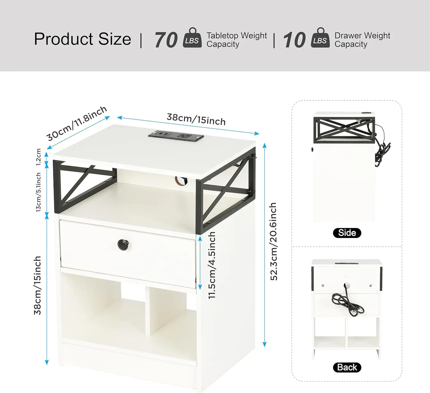 Night Stand with Charging Station and LED Light, End Table with 1 Drawers and Storage Shelf, Bedside Table with 2 USB Ports