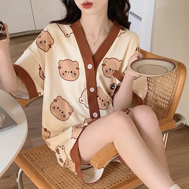 Korean Pajamas Set for Women Summer Loungewear Sleepwear Girls Sweet Lapel  Pyjama Kawaii Printed Pijamas Japanese Home Suit - AliExpress