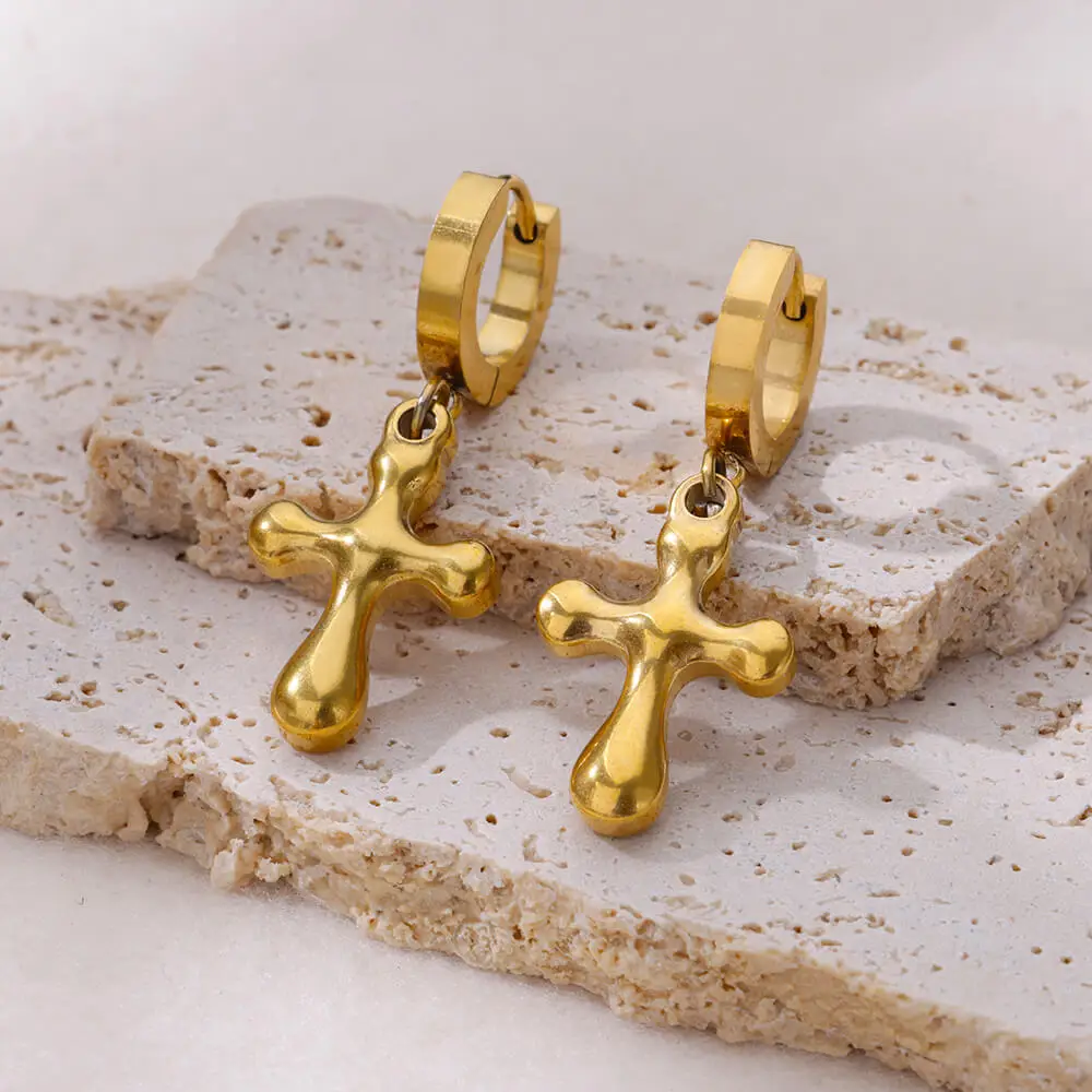 Cross Dangle Earrings for Women Girls Gold Color Stainless Steel Wedding Jewelry