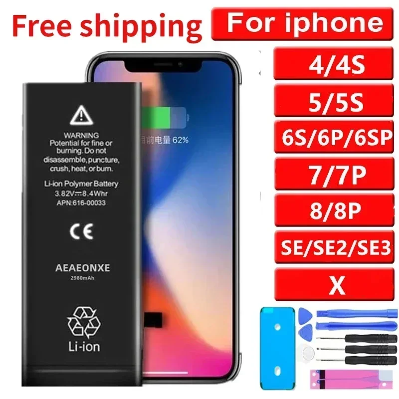 

3969mAh High Capacity Battery for IPhone 4 4S 5S SE 5 6 6S 7 8 Plus Phone Replacement Batteries FOR APPLE X SE
