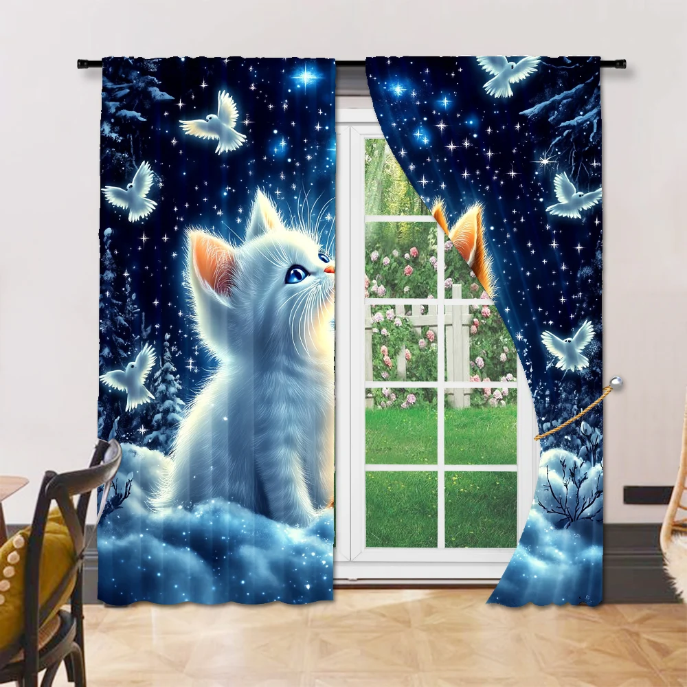 2Pcs Adorable Cat And Star Print Polyester Window Curtains Rod Pocket Design For Easy Hanging Home Decor Perfect For Bedroom 6