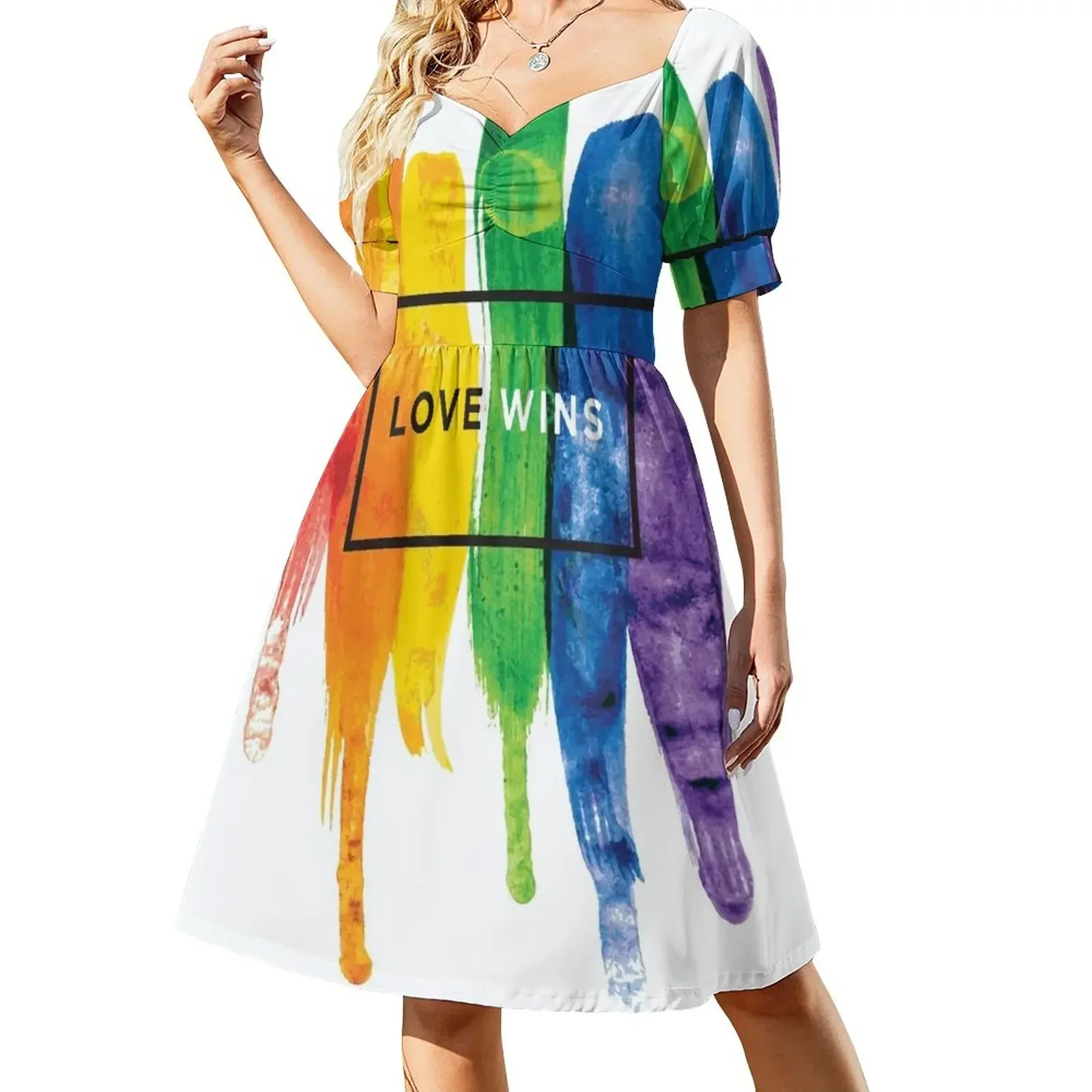 Vestido tipográfico de manga corta con acuarela LGBT Love Wins Paint, vestidos holgados elegantes para mujer, vestidos de verano