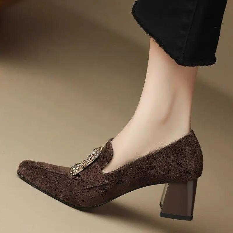 Women Loafers Suitable For Winter Round Head Rhinestones Decorated Single Shoes Retro Style Elegant Low Heel Warmth Shoes Casual