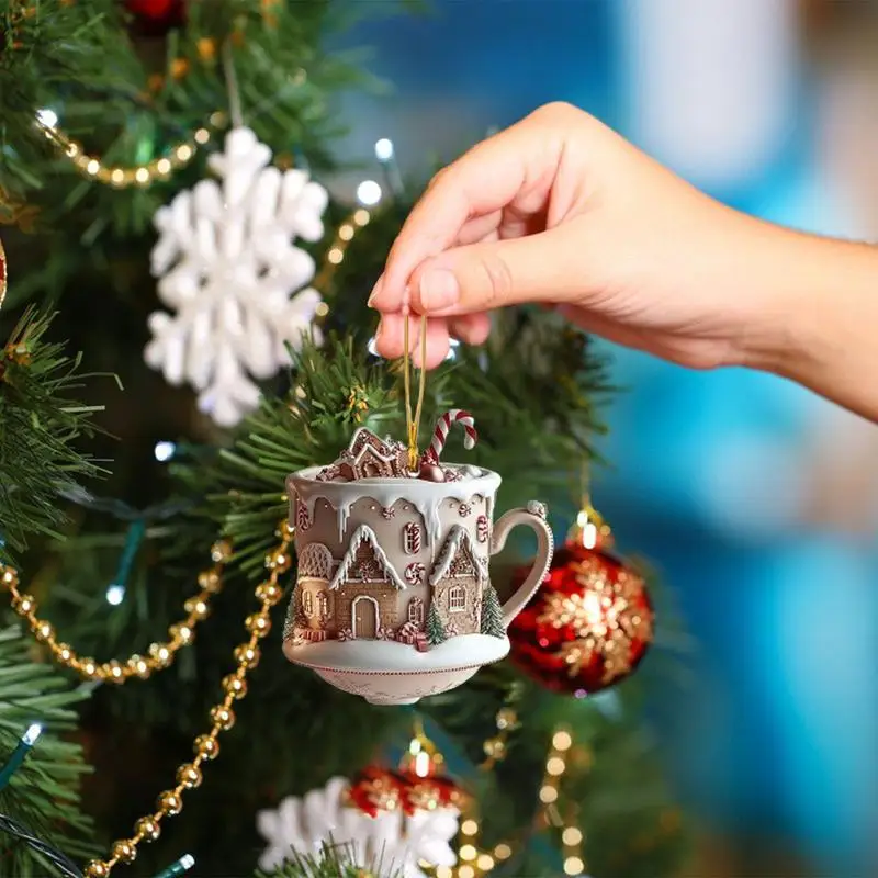 Coffee Cup Ornaments For Christmas Tree 2D Acrylic Christmas Snow Houses Chocolate Mug Pendant Tree & Car Decor