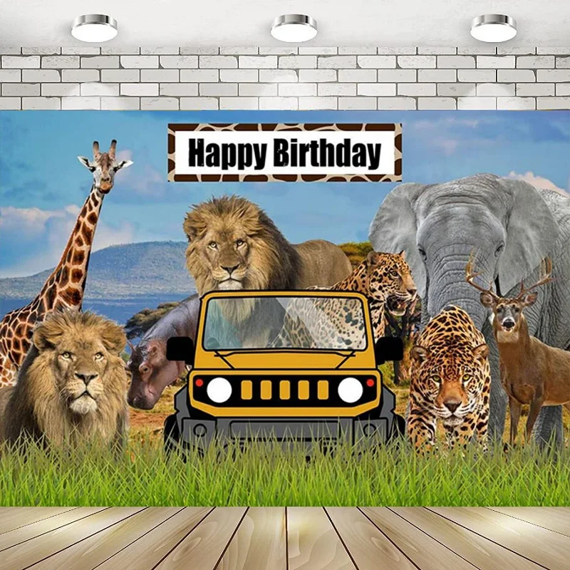 사파리 동물 열대 동물원 야생 동물 숲 자동차, 생일 파티 사진 배경 배너 장식, 베이비 쇼