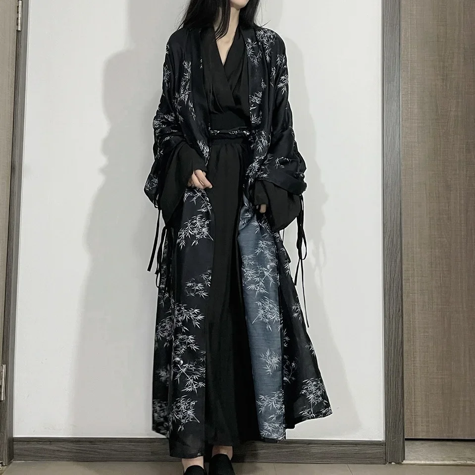 

New Chinese Style Hanfu Suit Black Gothic Diablo Bamboo Leaf Printed Skirt Coat Speckle Ink Darkness Wei Jin Cosplay Costume