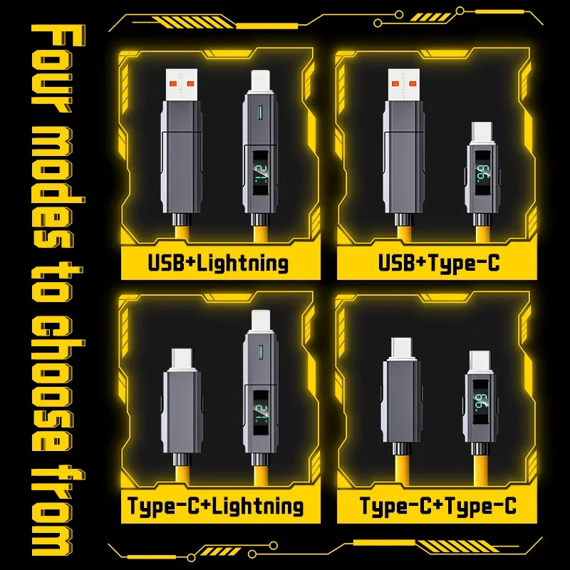 4 in 1 66w 실리콘 디지털 디스플레이 아이폰용 USB 데이터 케이블, PD 66W 아연 합금 고속 충전 케이블 유형 c(LED 디자인 포함)