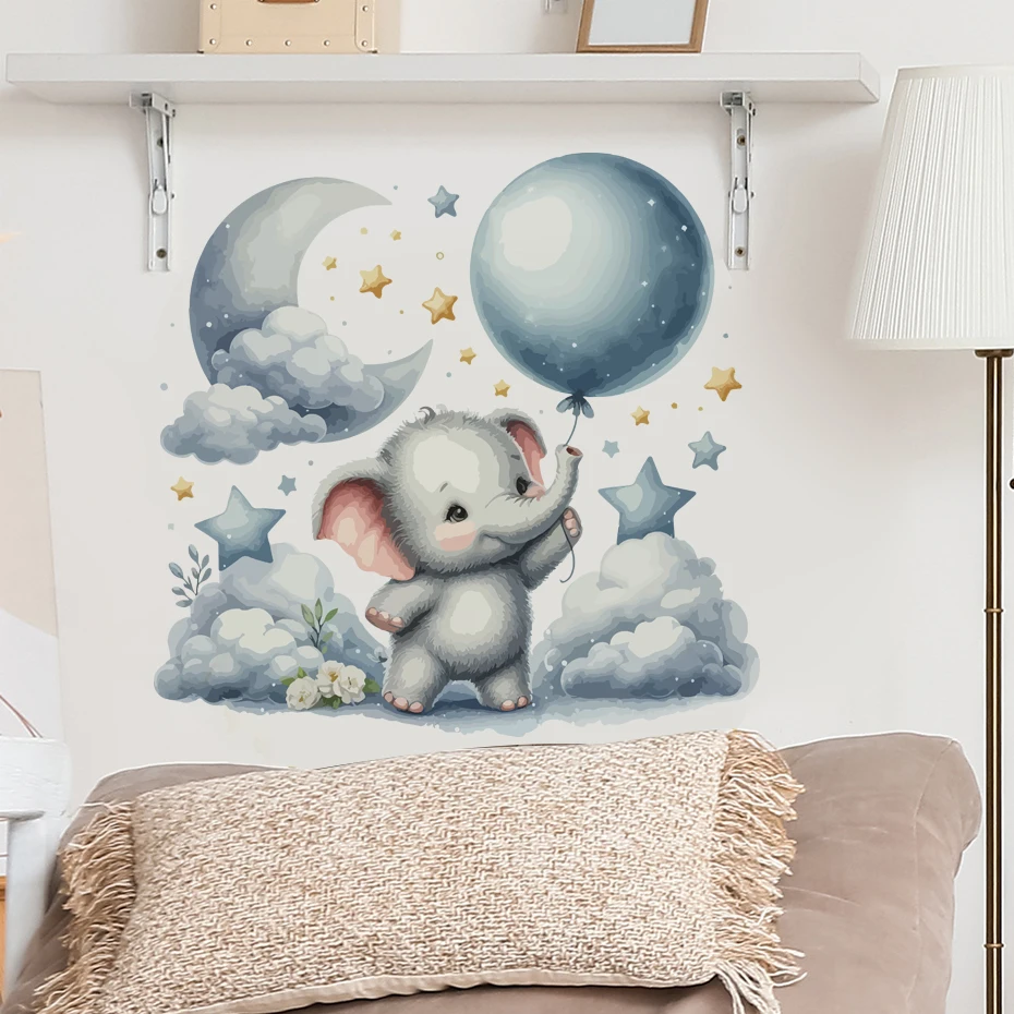 Adesivi murali luna elefante cartone animato blu per la camera dei bambini Decorazioni per la camera dei bambini Decorazioni per la camera da letto Soggiorno Decalcomanie da muro 3