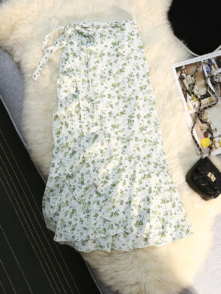 

Wisher&Tong Floral Print Skirt Summer Woman 2022 Vintage Ruffles High Waist Beach Long Skirts Korean Fashion femme Midi Skirt