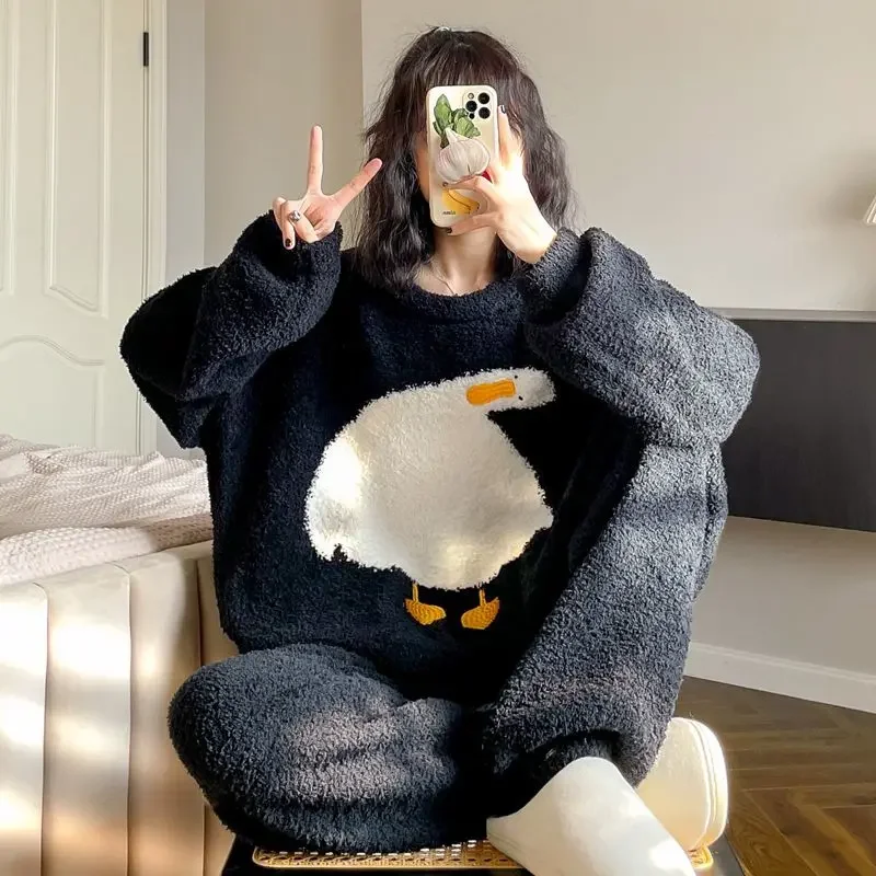 

Winter Cute Duck Flannel Pajamas Set for Women Casual Fashion Home Clothes Velvet O-Neck Home Clothing Comfortable Pijamas Set
