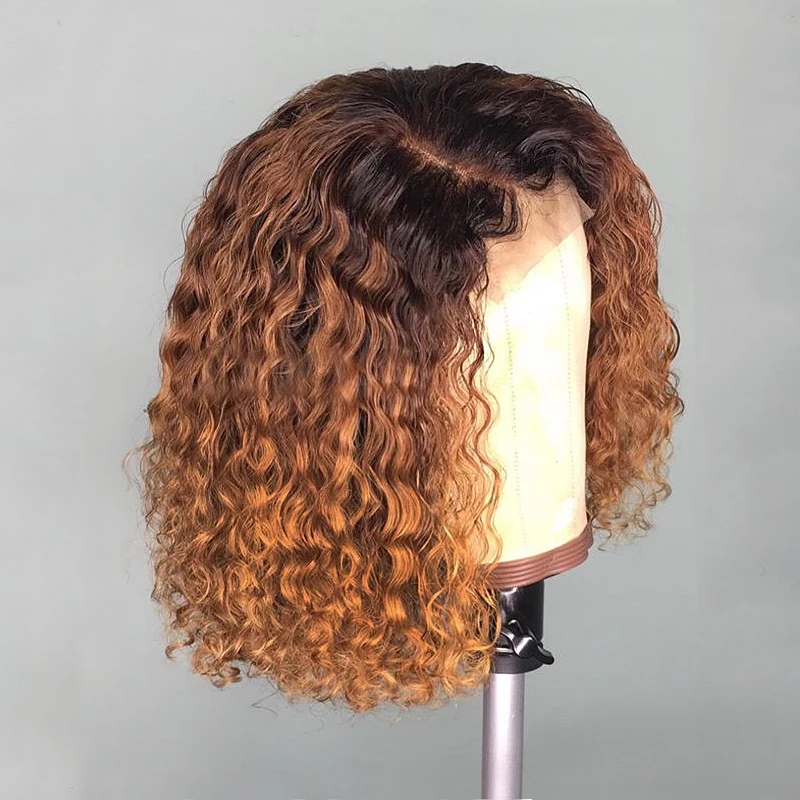 

Preplucked 14Inch Short Bob Ombre Brown 180%Density Glueless Kinky Curly Lace Front Wig For Women With BabyHair Daily Cosplay