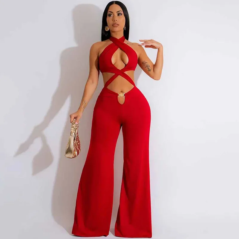 

KEXU Halter Hollow Out Bandage Rompers Womens Jumpsuit Wide Leg Pants Sexy Off Shoulder Backless Night Club Overalsls