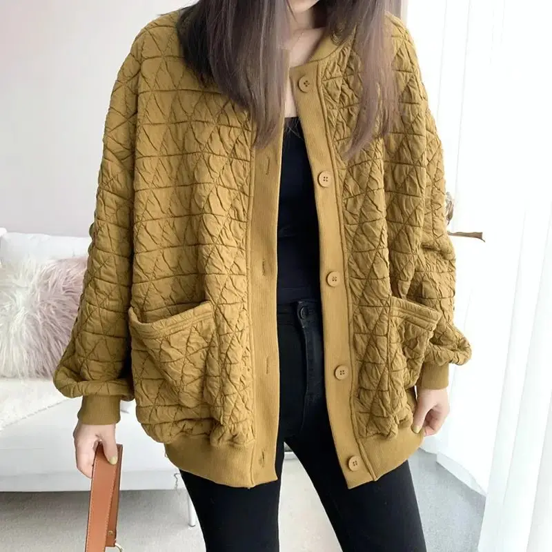 2023 Women Vintage Argyle Oversized Streetwear Baseball Jacket Autumn Winter Trendy Y2K Solid Pockets Long Sleeve Outerwear Coat
