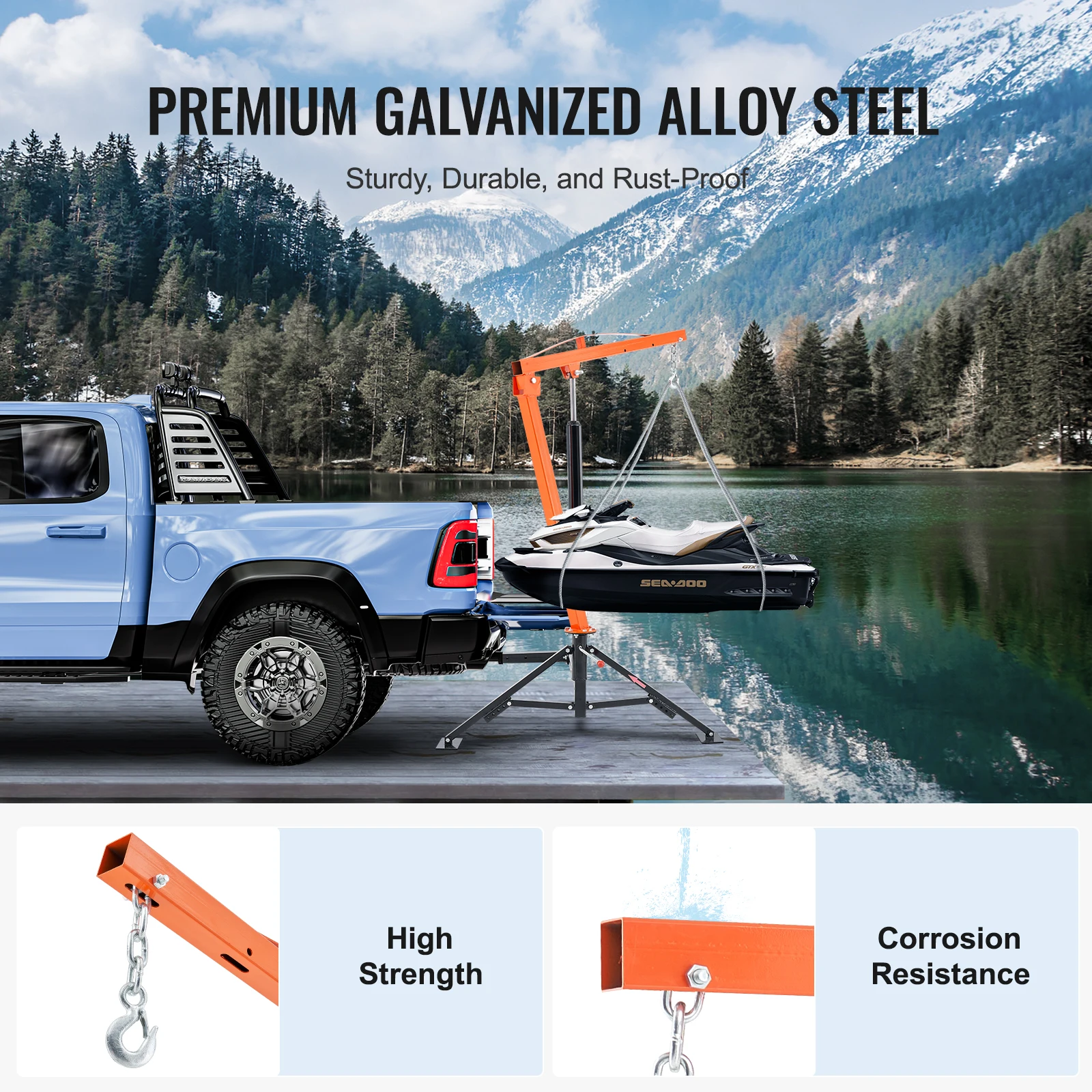 SucceBuy 1000lbs Hydraulic Pickup Truck Crane 360° Swivel Hitch Mounted Crane Hoist with Three Boom for Lifting Goods in Factory