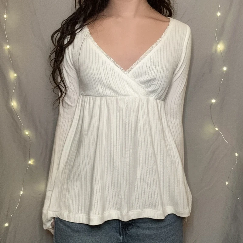Women Fairy Y2k Cottage T-shirt Coquette V Neck Long Sleeve Babydoll Tees Autumn Spring Casual Pullovers Tops Vintage Clothes 2