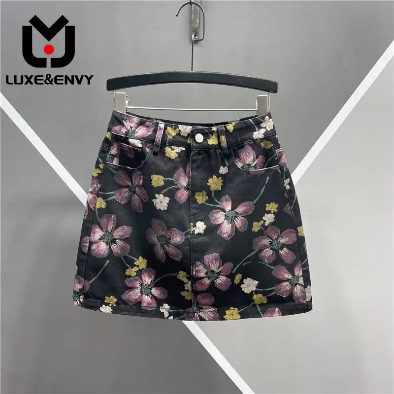 

LUXE&ENVY European Printed Denim Skirt New Korean Version Versatile High Waisted Slim A-line Wrap Hip Short Skirt 2023 Autumn