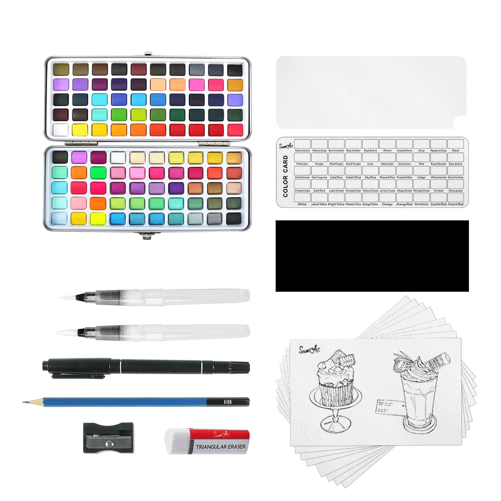 Seamiart 100 Color Solid Watercolor Gift Set Watercolor Pigments With Paint Brush Coloring Papers for Drawing Art Paint Supplies - 2
