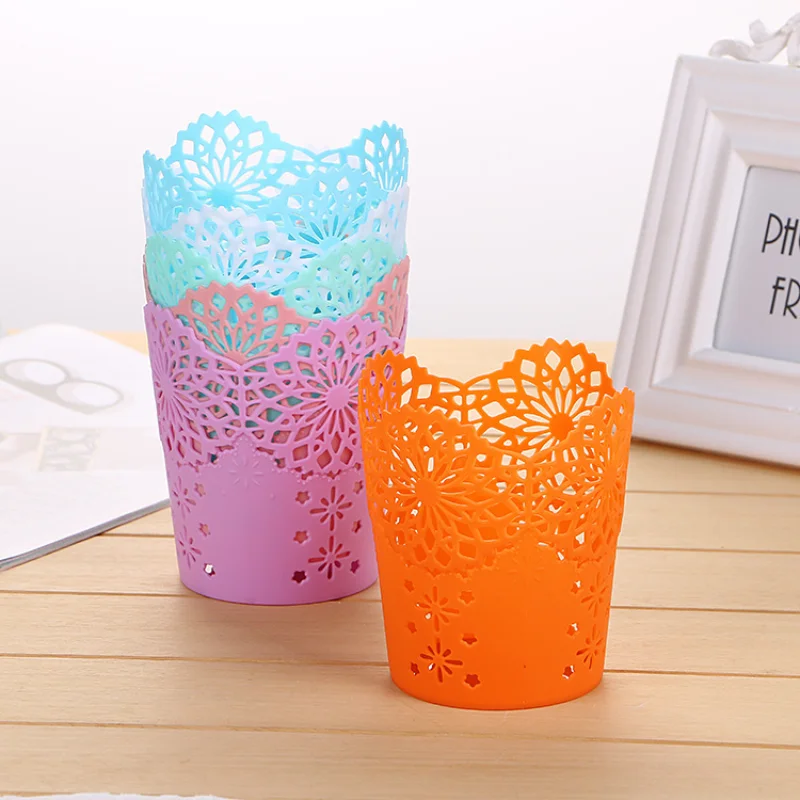 Pen Holder Creative Hollow Roses Pen Pencil Pot Holder Brush Storage Container Desk Organizer Plastic Stationery Office Supplies