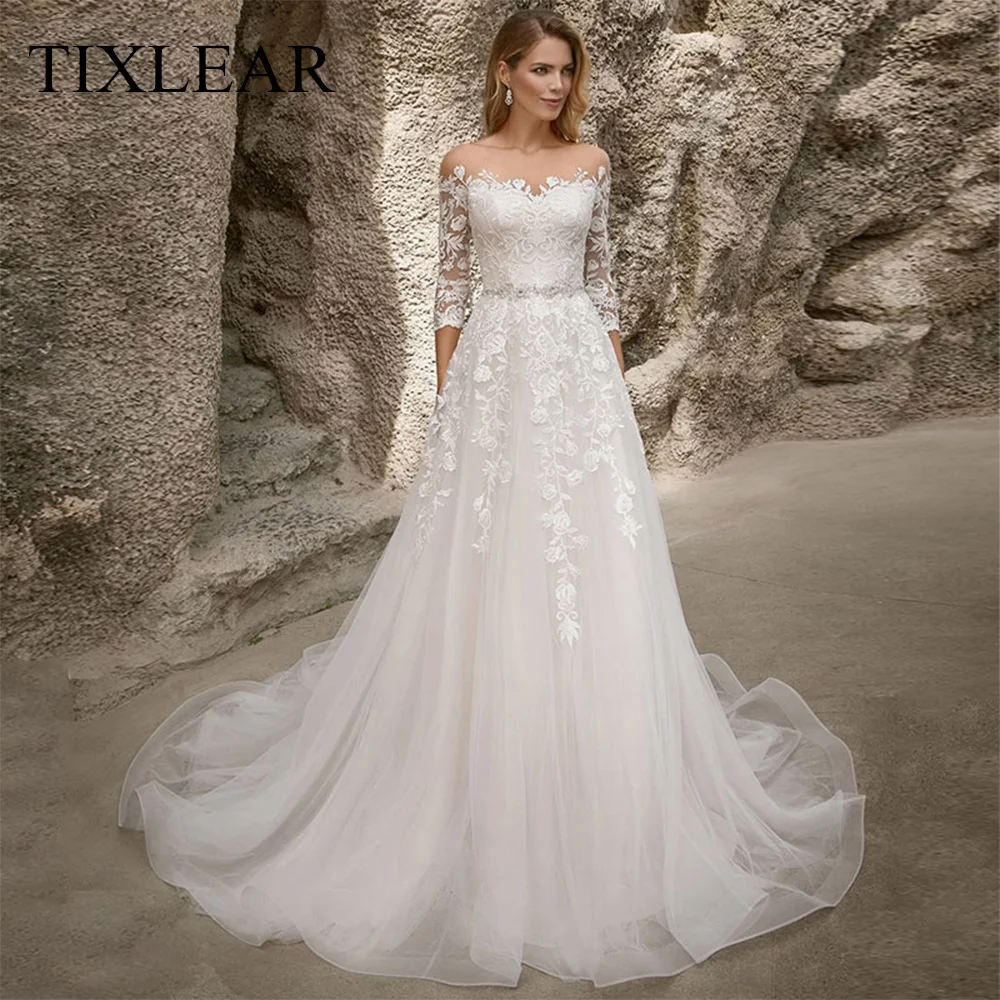 

Tixlear Elegant A-Line Wedding Dress Scoop Neck 3/4 Sleeves Lace Appliques Illusion Button Organza Bridal Gown Vestidos De Noiva