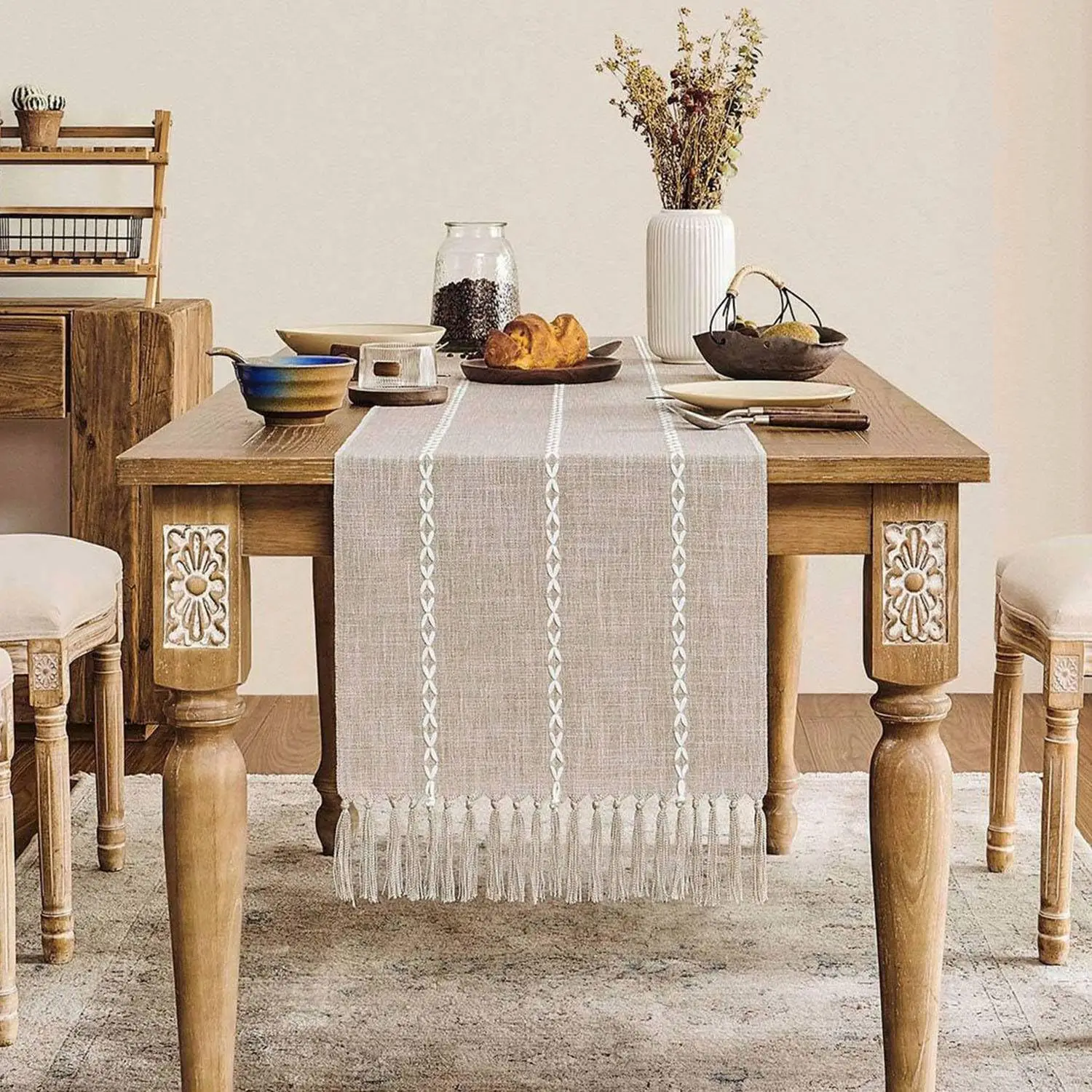 Rustic Linen Table Runner Farmhouse Style Table Runners Long Embroidered Table Runner with Hand-tassels for Party 3