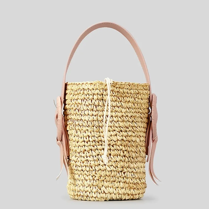 Fashion Straw Bucket Bag Designer pu leathe handle Women Handbags papar woven summer Beach Small Tote Bali Purse 2023 Female Bag