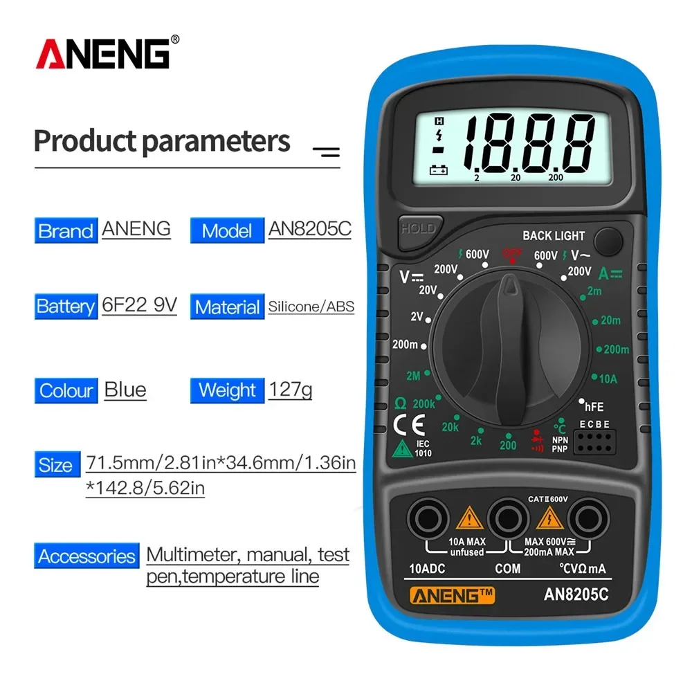 ANENG AN8205C Digital Multimeter AC/DC Ammeter Volt Ohm Multimetro Tester Meter With Thermocouple LCD Backlight Portable Buzzer digital multimeter multimeter tester