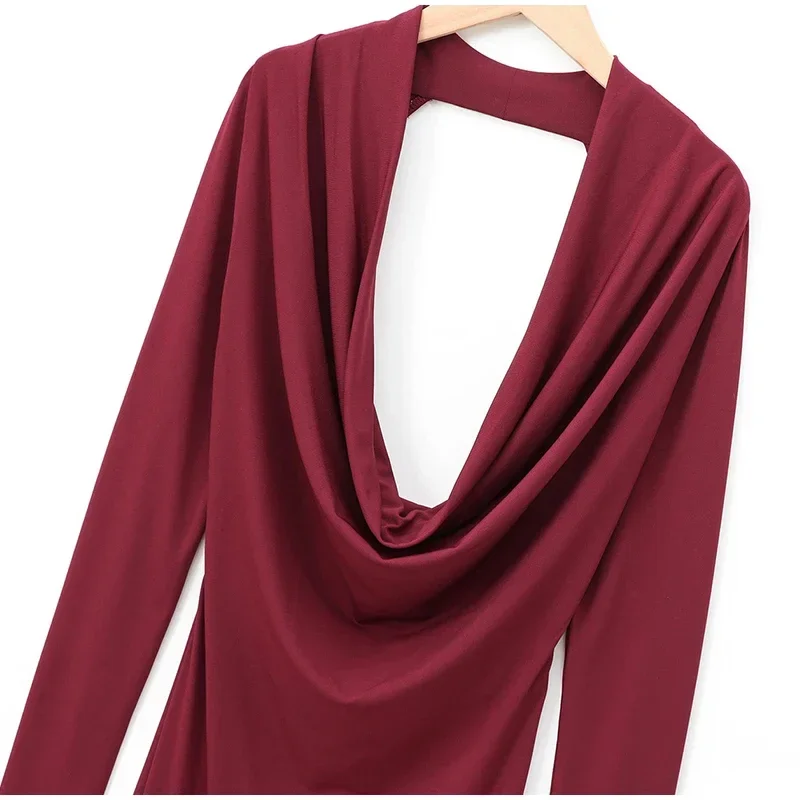 Elegant Hang Neck Burgundy Long Party Dress Women Halter Full Sleeve Maxi Dresses Autumn Lady Slim Hip Package Gowns New