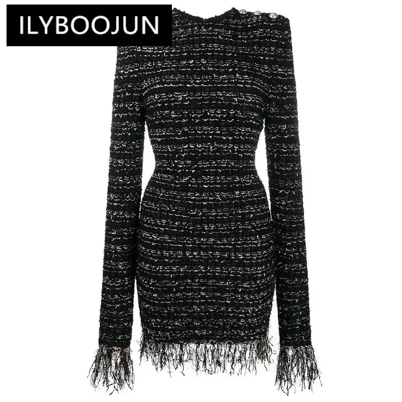 

S-XL High Quality Fashion New Stripe Elastic tweed Fabric Round Neck Long Sleeve Fringe Lace Slim Casual Women's Dress